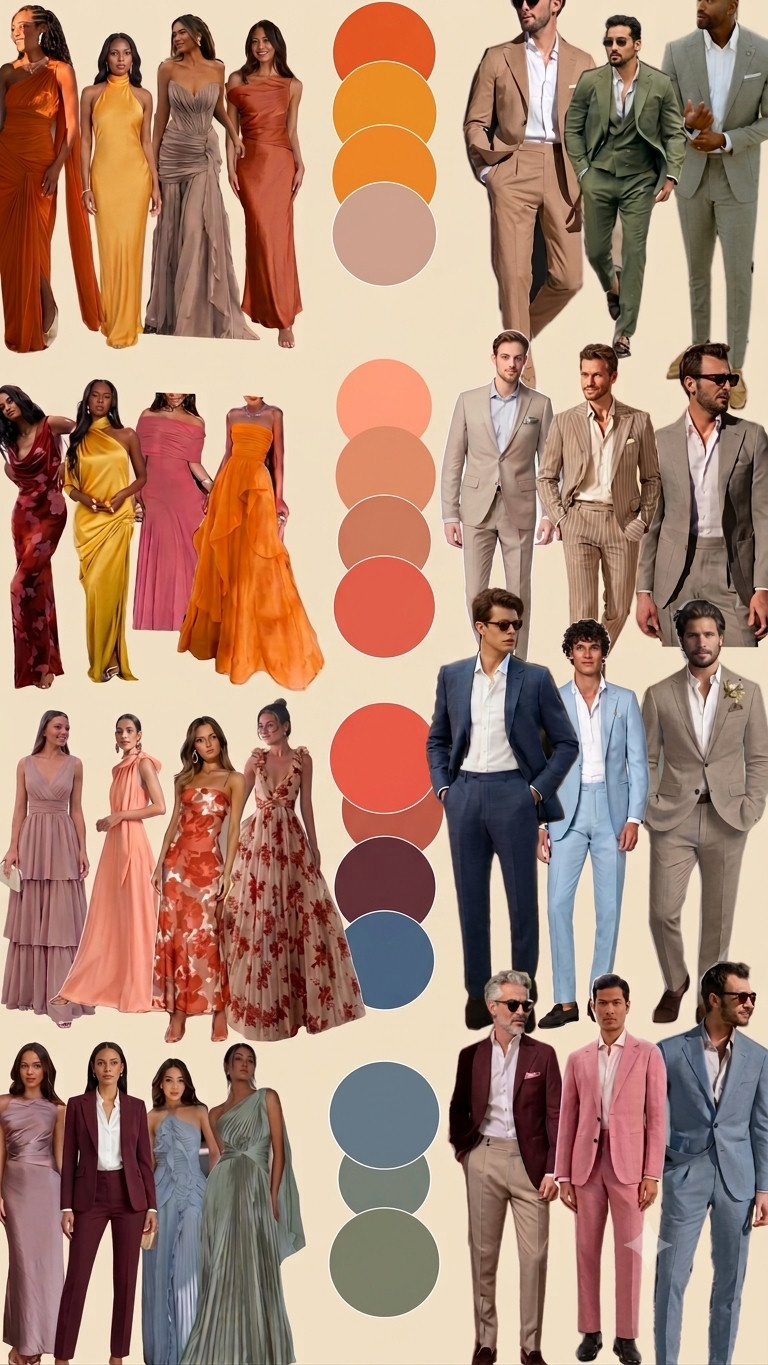 Painel de referência de vestimenta: vestidos longos e ternos nos tons terracota, âmbar, pêssego, coral, blush, vinho, azul e oliva.